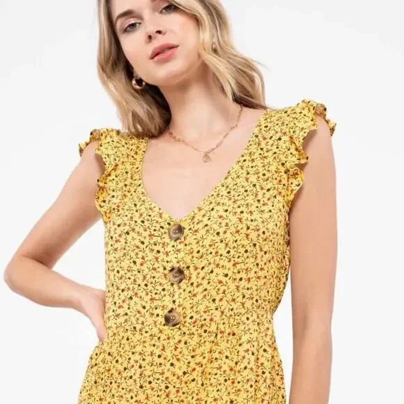 Yellow Floral Sleeveless Summer Dress Size Medium - Picture 2 of 6